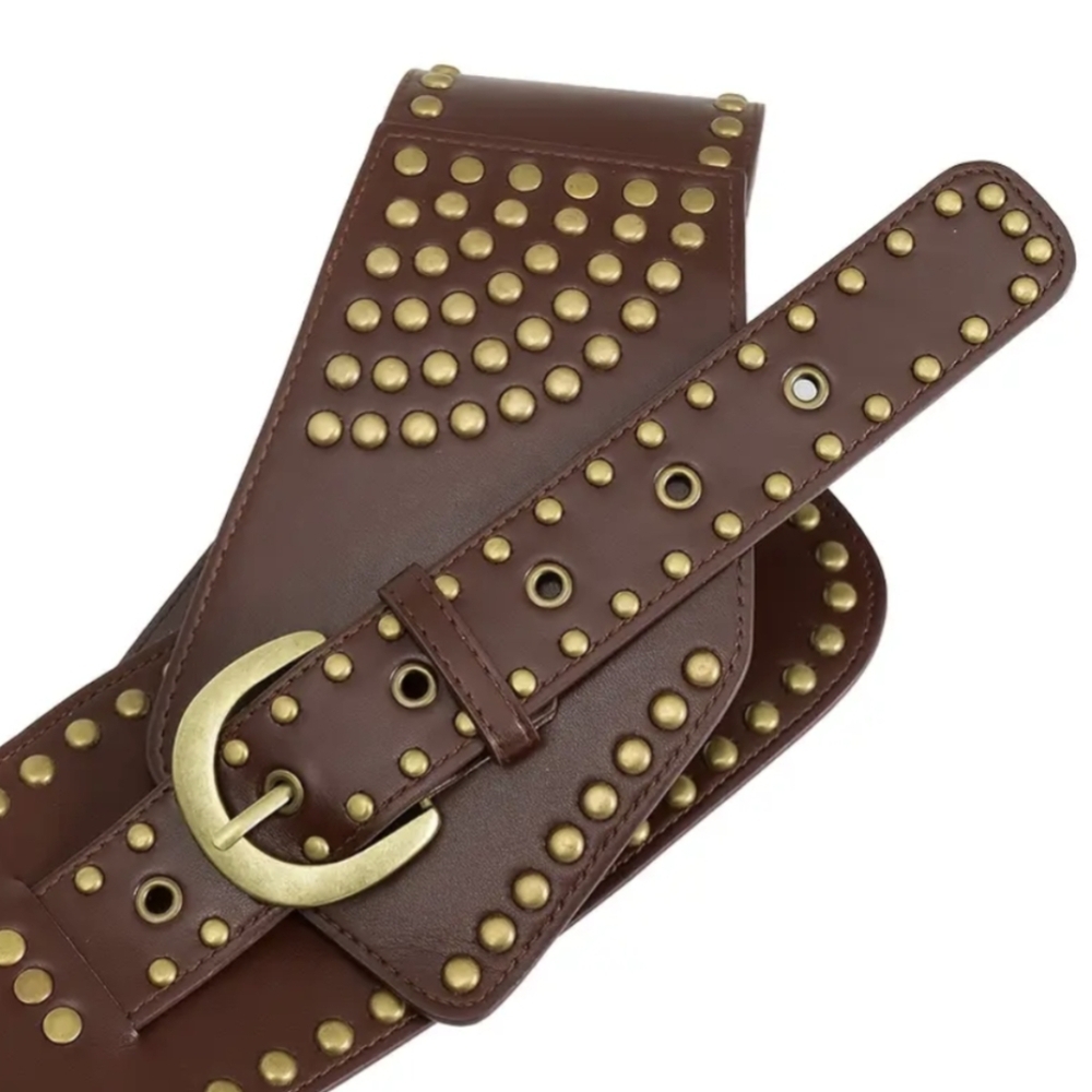 Belt M L Wide Studded Rocker Belts Retro Punk Fashion Brown Black Belt - Picture 2 of 14